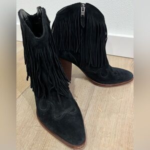 Sam Edelman Benjie Western Fringe Black Suede Ankle Boots Size 9.5